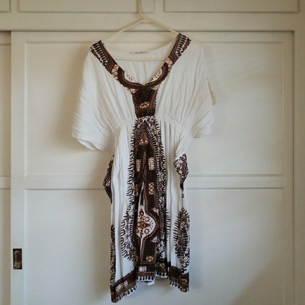 White And brown gauze material boho dress